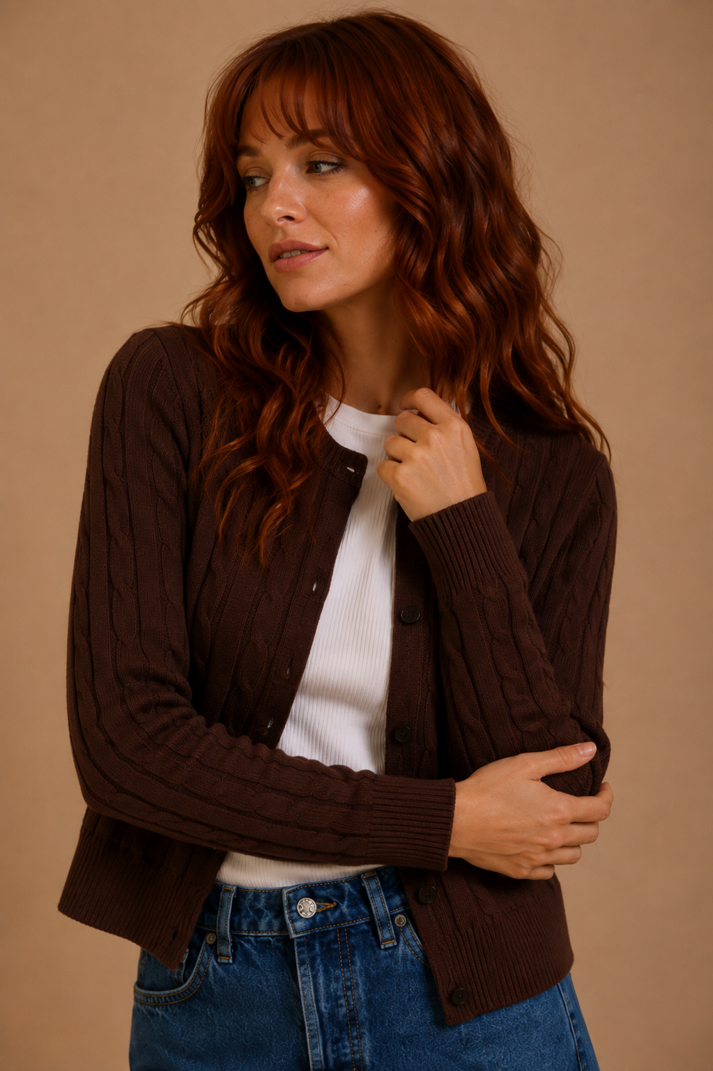 Kassidy Cable Knit Cardigan - Coffee Bean