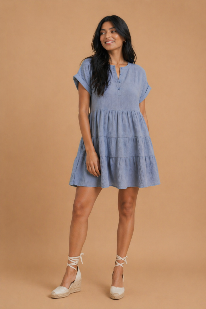 Noelle Cloud Soft Double Gauze Tiered Babydoll Midi Dress