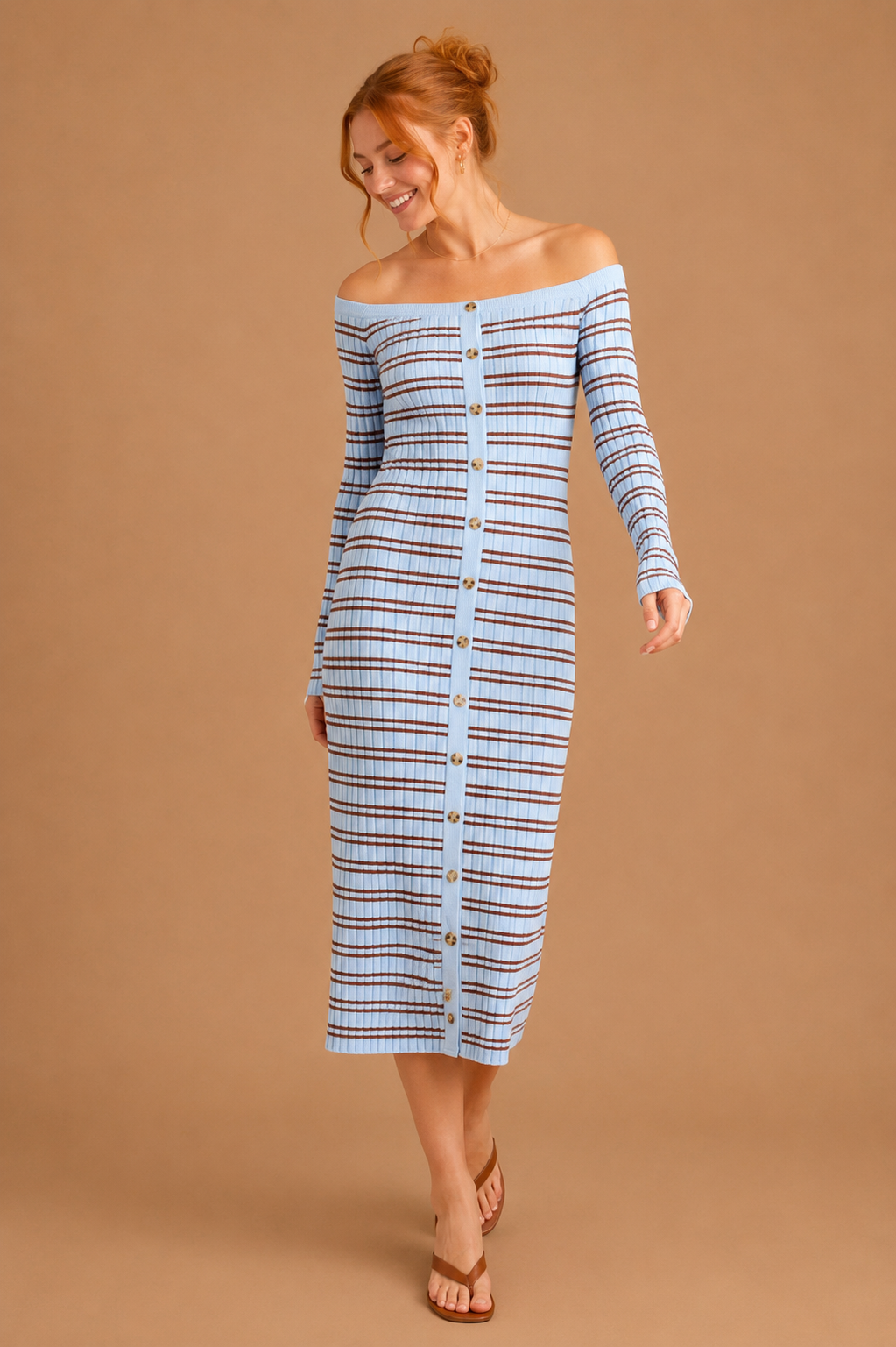 Maelis Striped Knit Off The Shoulder Bodycon Midi Dress