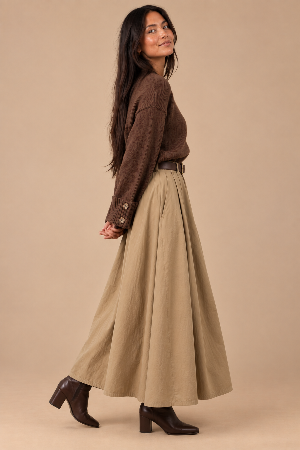 Laura Button Cuff Cotton Blend Crew Neck Sweater
