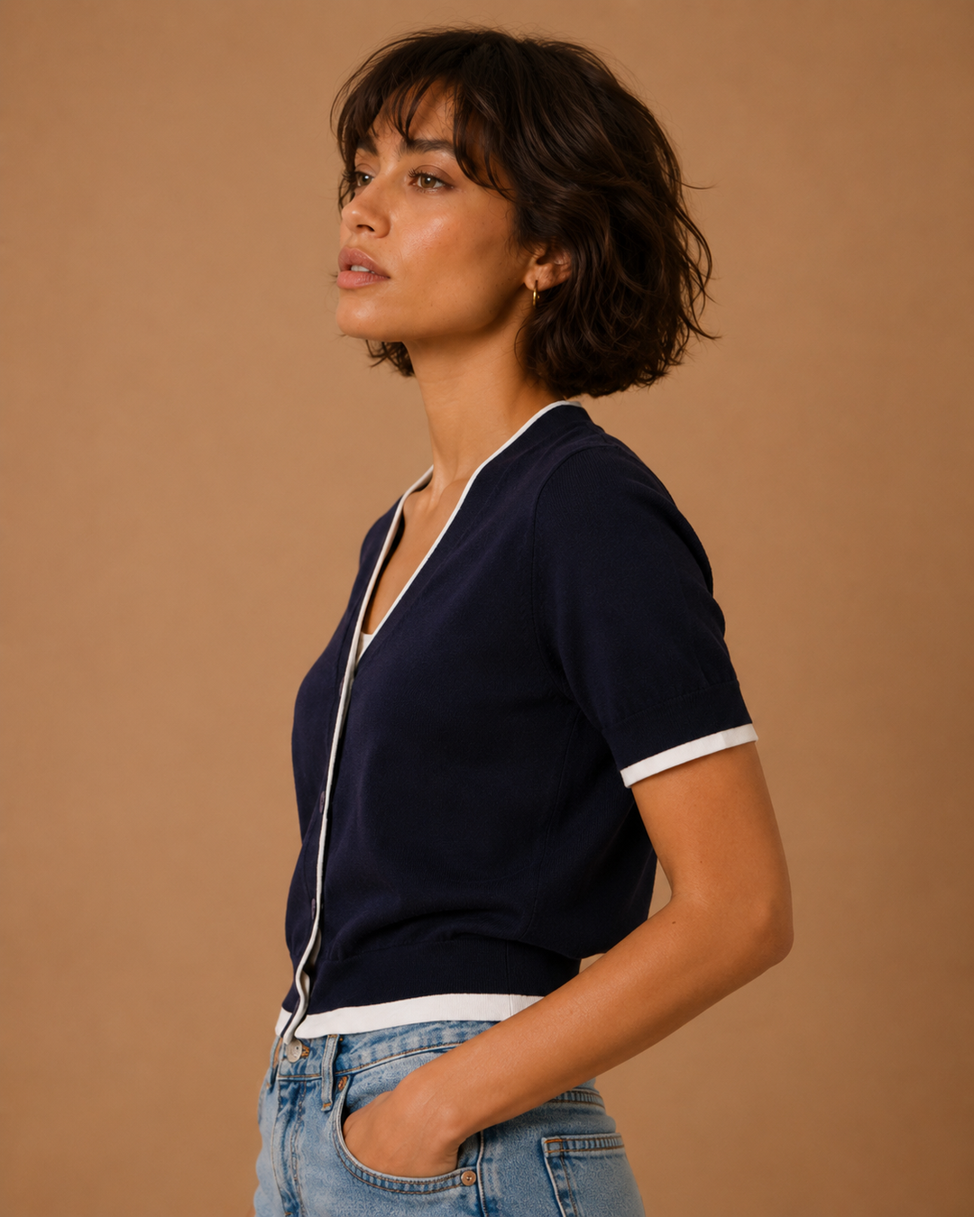 Vivienne Piped Hem V-Neck Cardigan
