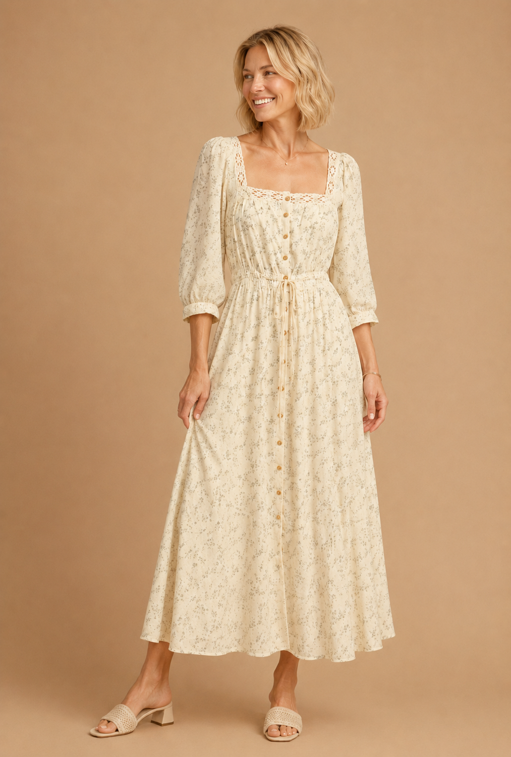 Gigi Floral Print Lace Trimmed Square Neck Maxi Dress