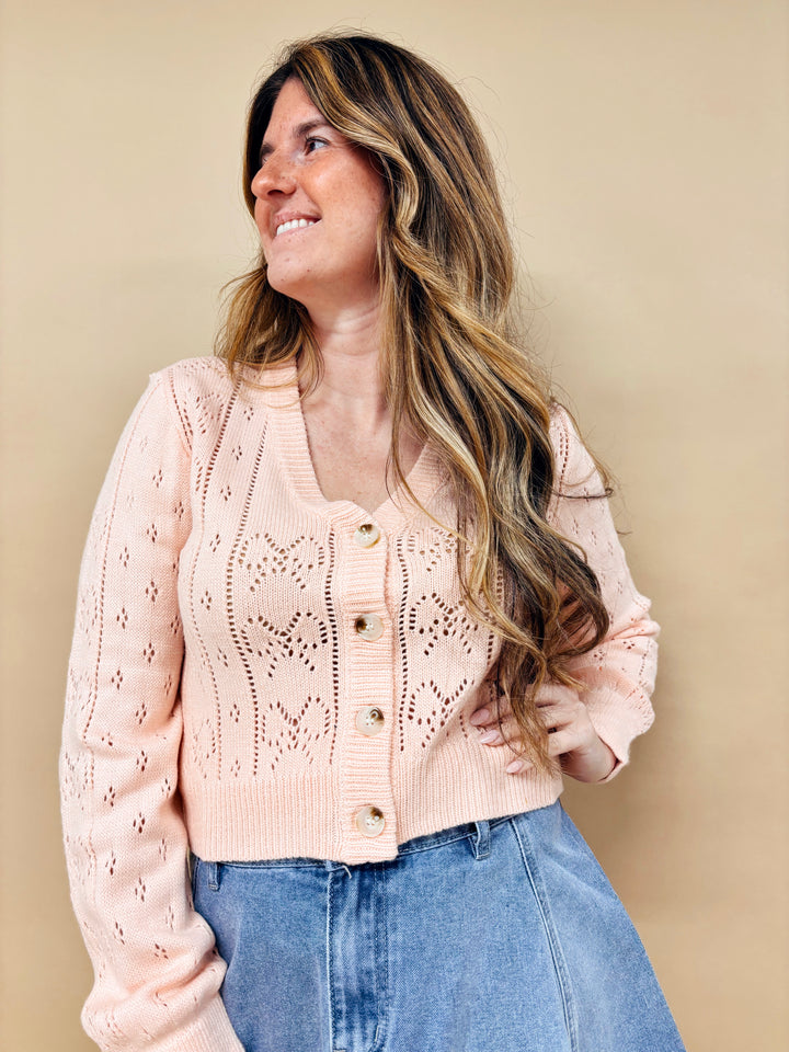 Karina V-Neck Bow Front Pointelle Button Down Cardigan