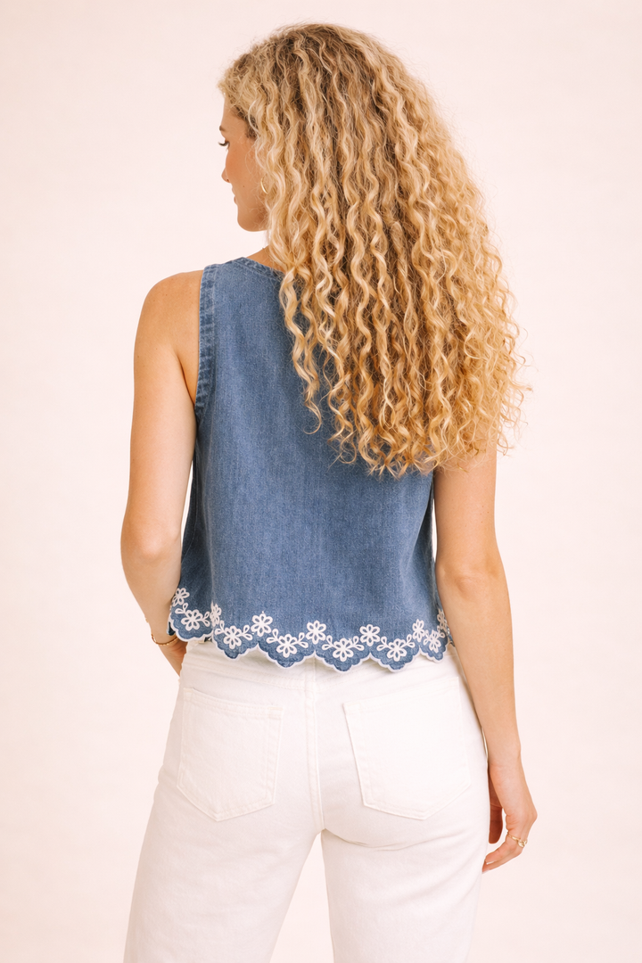 Jade Mineral Washed Embroidered Denim Top