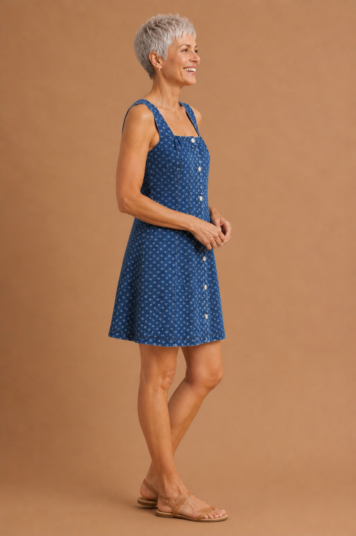Noelle Heart Print Denim Fit & Flare Dress