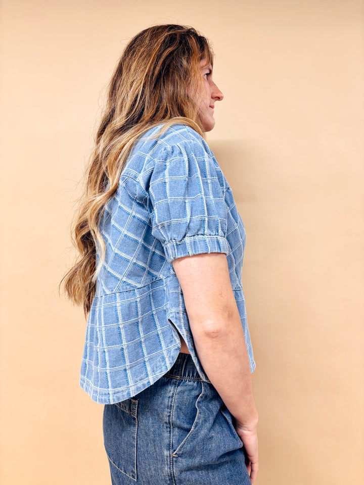 Casey Checkered Denim Button Down Top