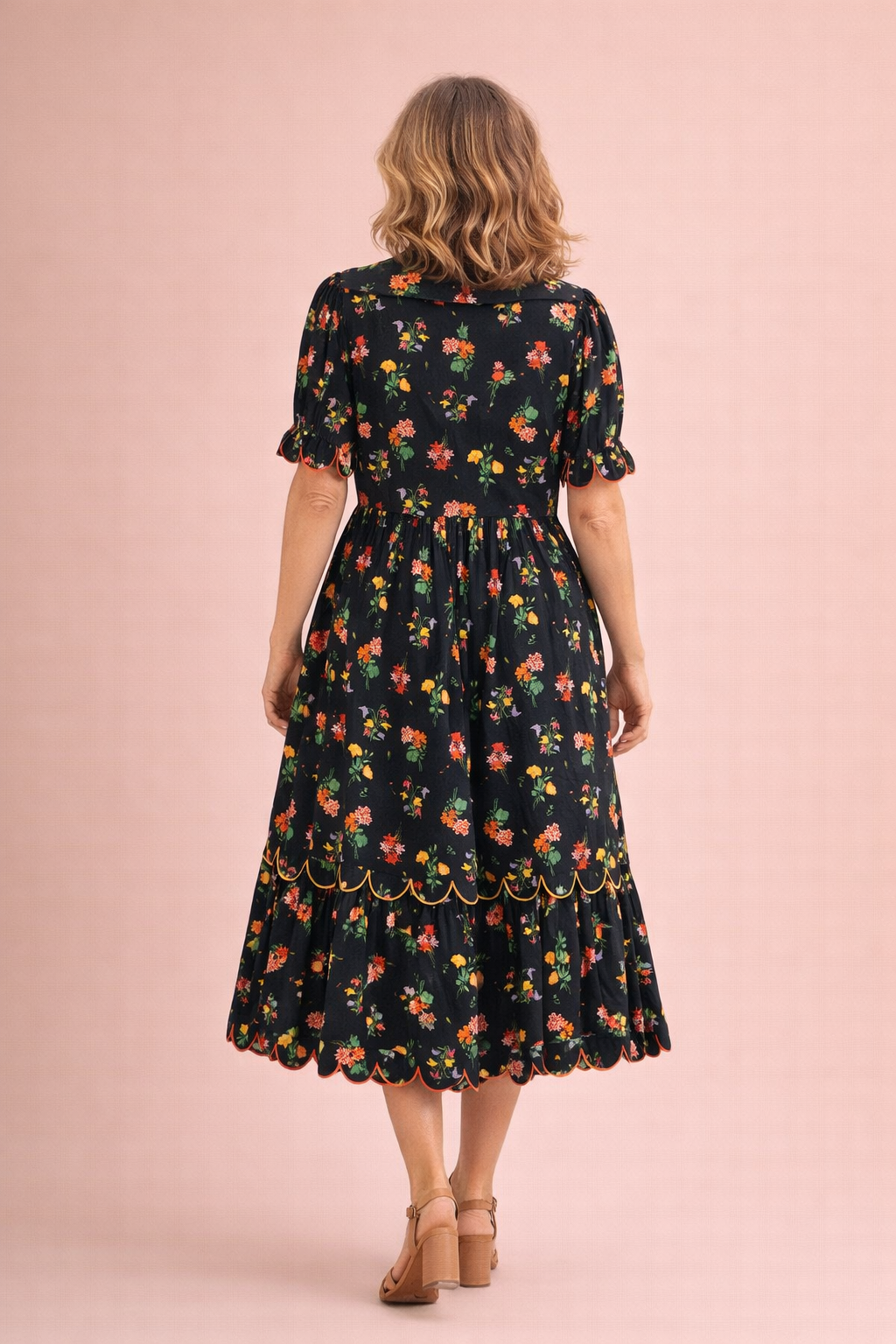 Isabella Embroidered Scallop Edge Detail Floral Midi Dress