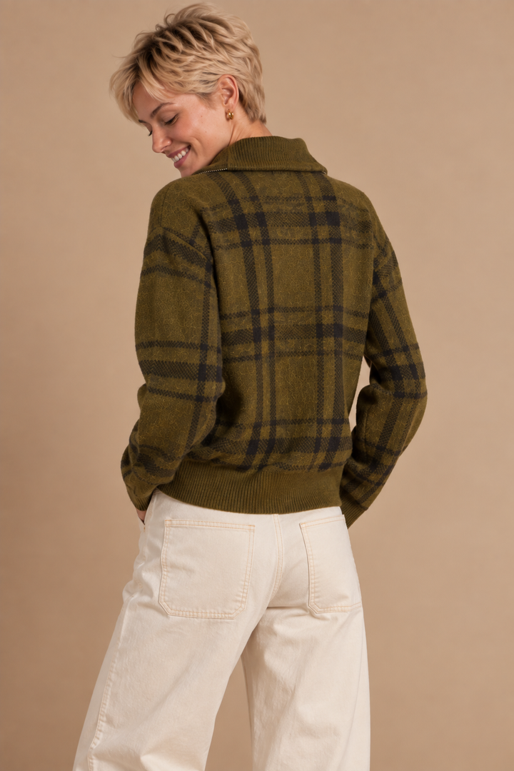 Parker Plaid High Neck Collared Sweater Jacket