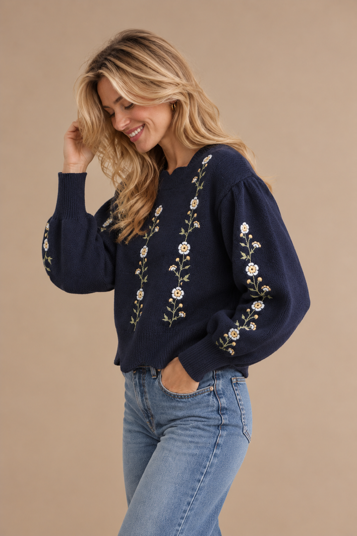 Bailee Floral Embroidered Scallop Hem Sweater