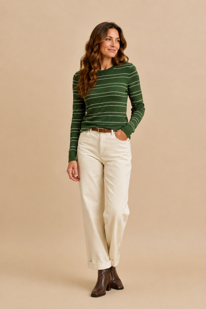 Savannah Double Stripe Crewneck Rib Sweater