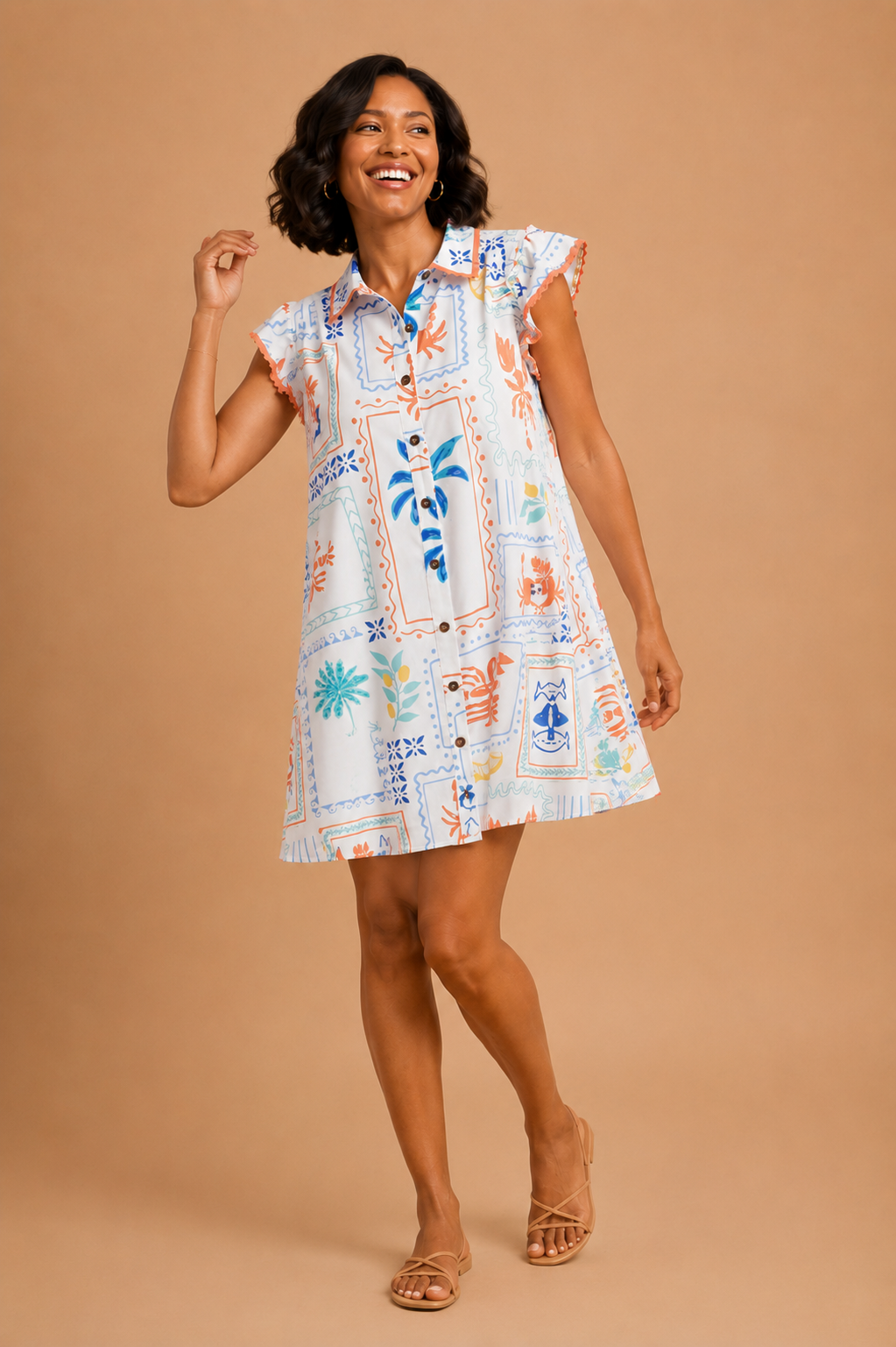 Lorelei Coastal Motif Printed Button Down Midi Dress