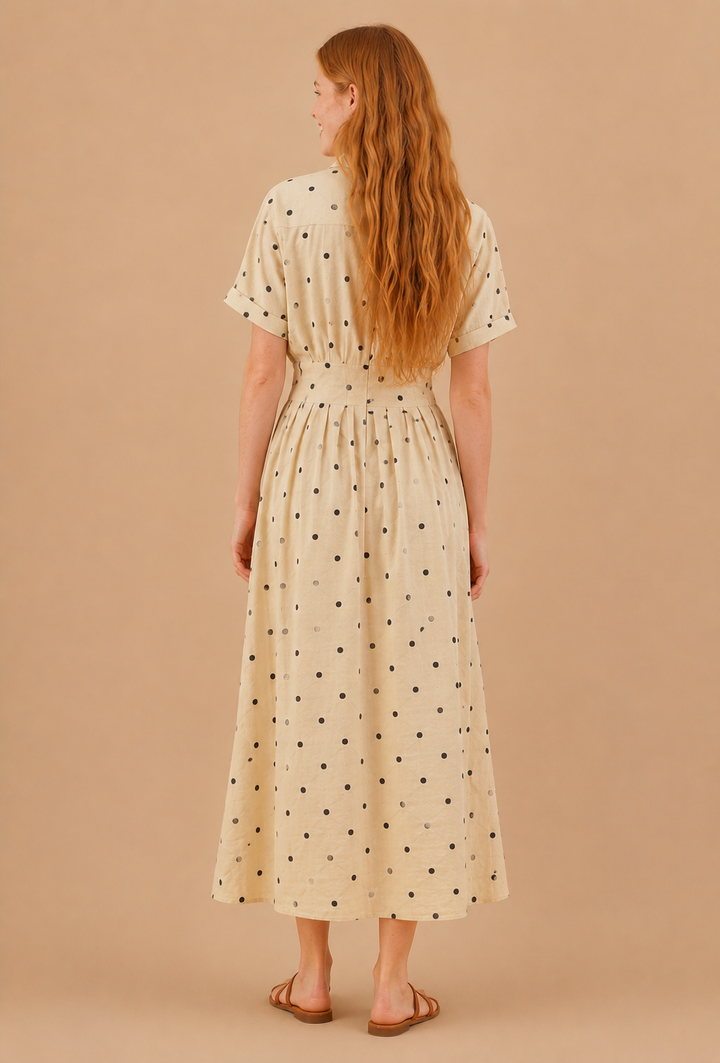 Elodie Polka Dot Pleated Button Front Midi Dress