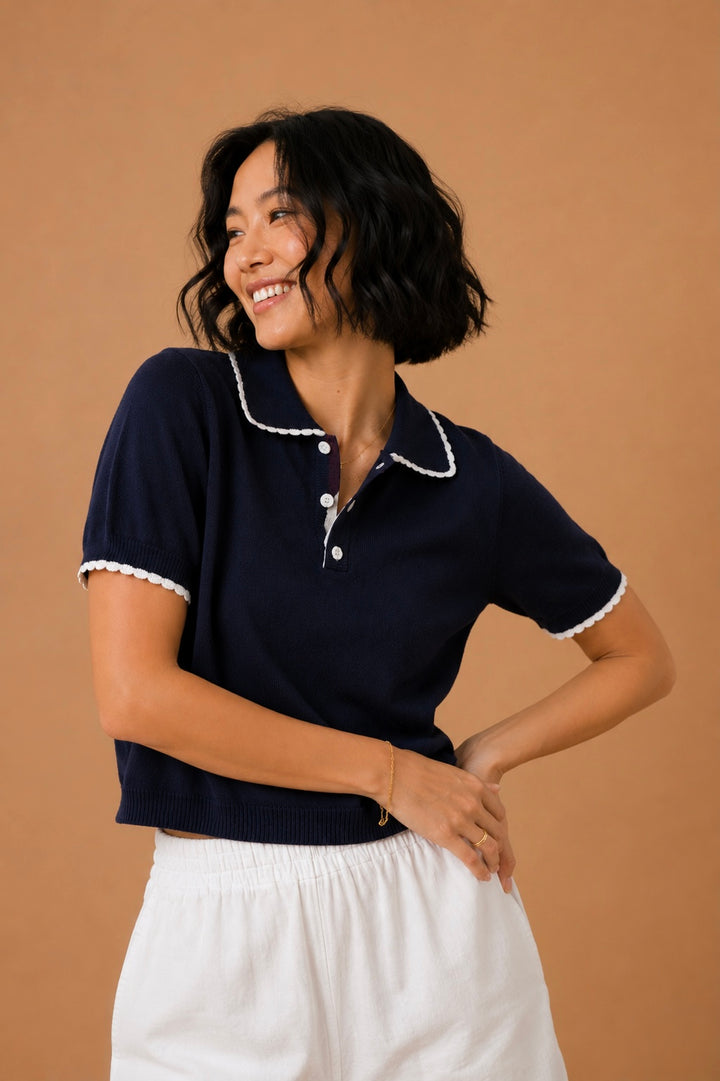 Alina Scalloped Trim Knit Polo Top