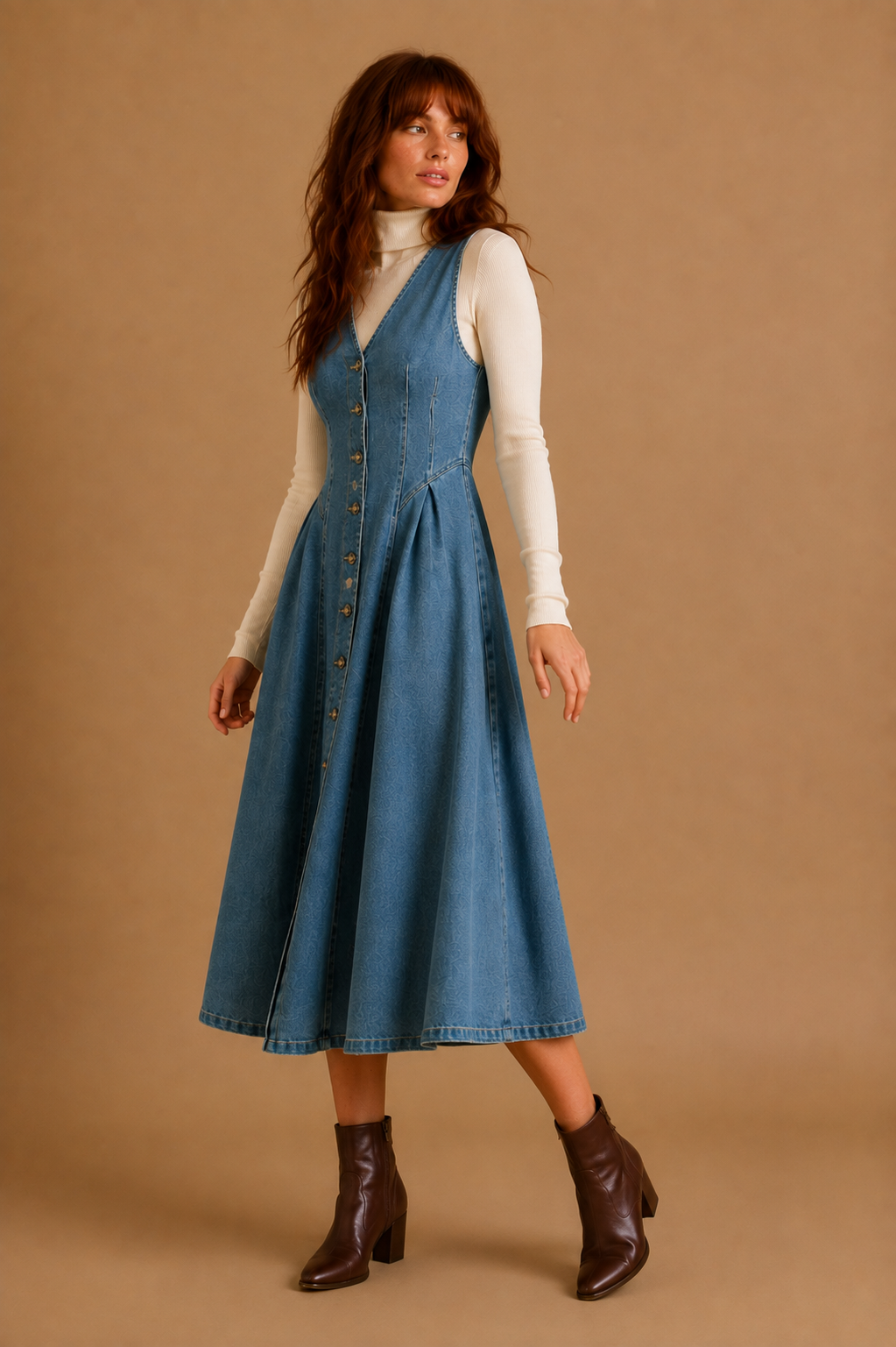 Malia V-Neck Stretch Denim Midi Dress