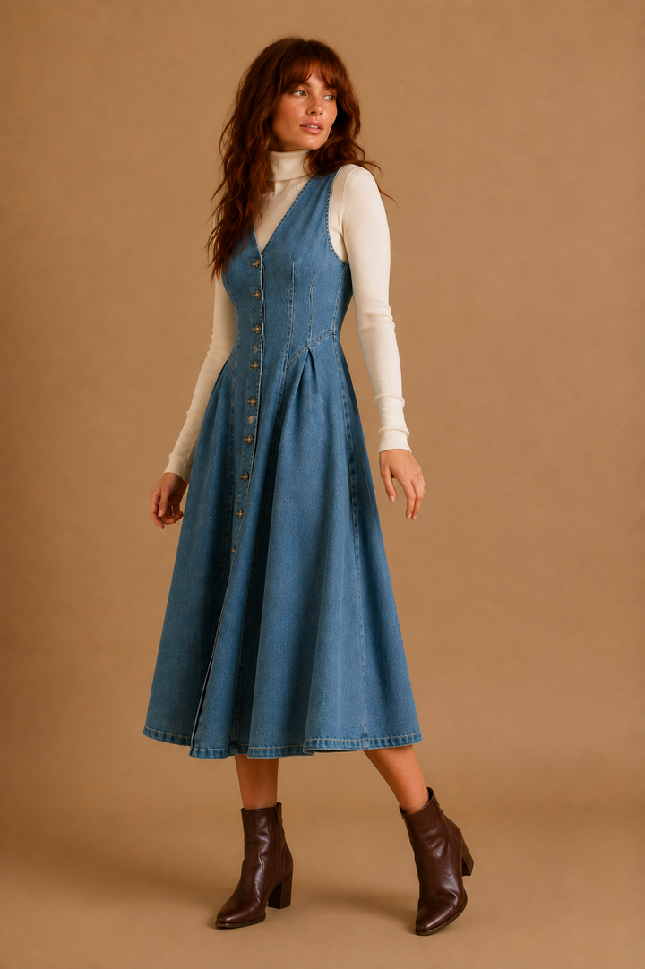 Malia V-Neck Stretch Denim Midi Dress