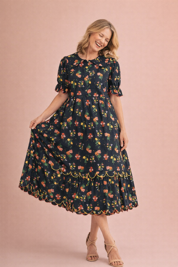 Isabella Embroidered Scallop Edge Detail Floral Midi Dress