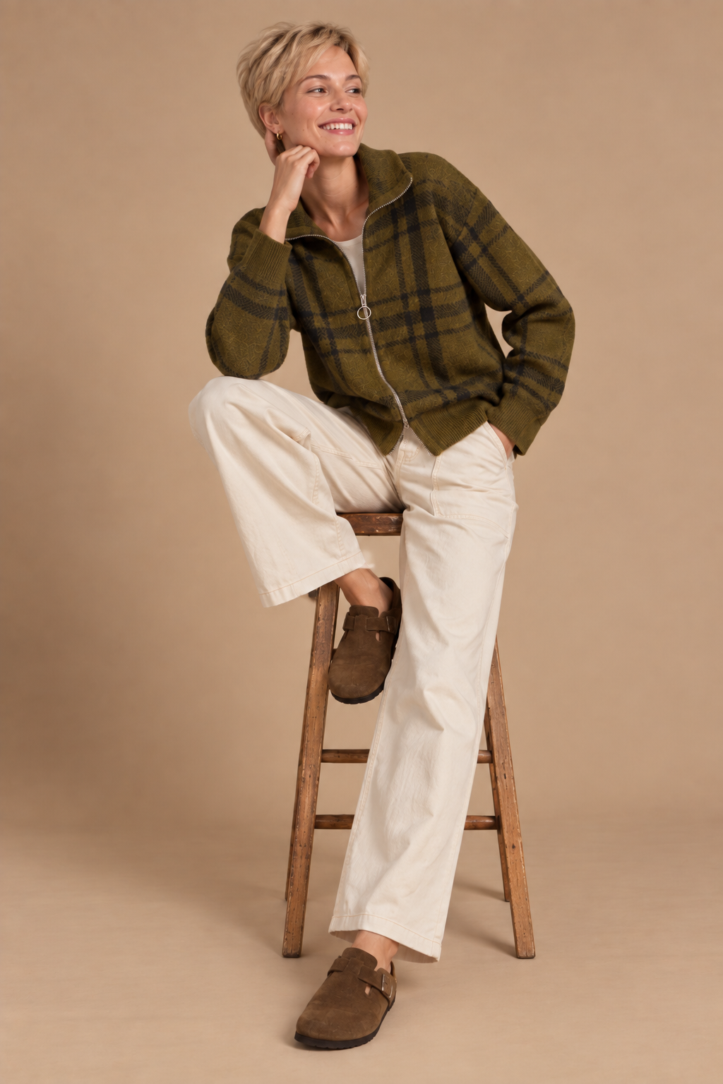 Parker Plaid High Neck Collared Sweater Jacket