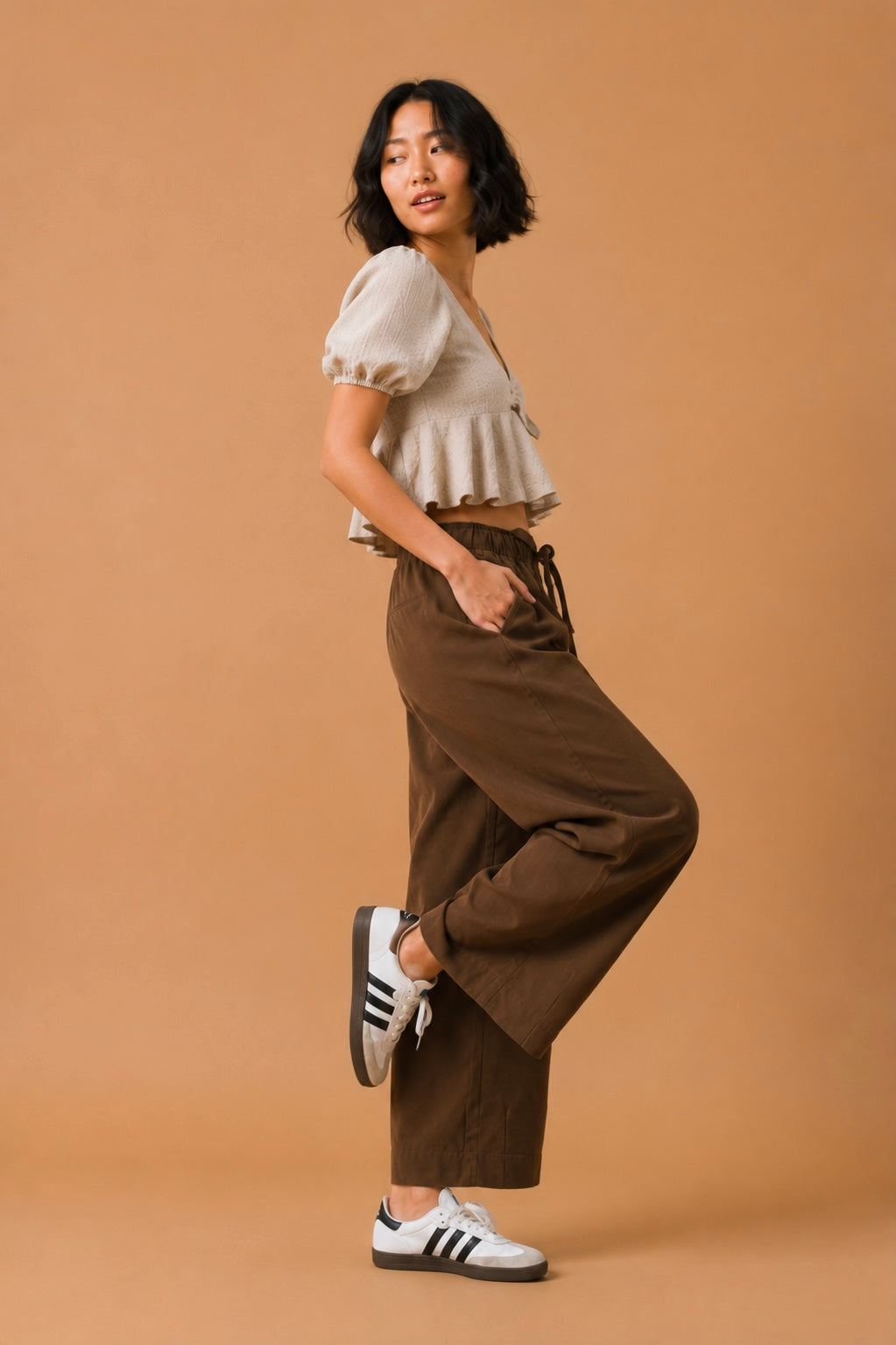 Callie Twill Wide Leg Pants With Drawstring Tie