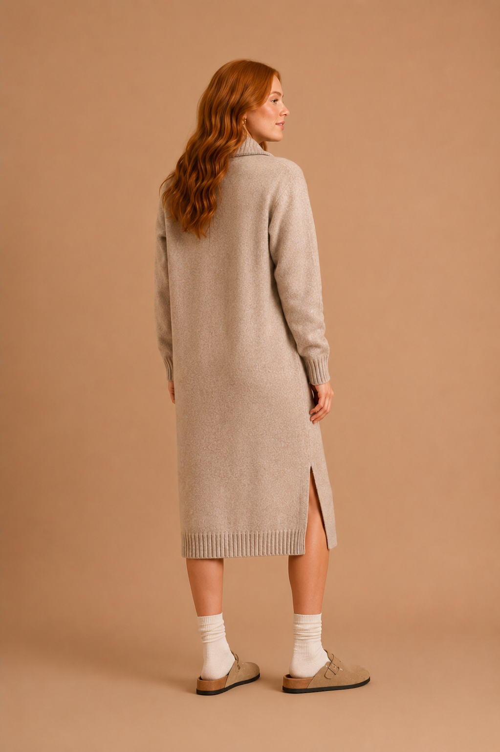 Helena Knit Ribbed Trim Half-Zip Collar Side Slits Midi Sweater Dress