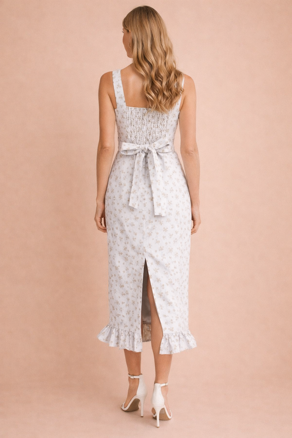 Aria Floral Jacquard Square Neck Ruffle Hem Midi Dress