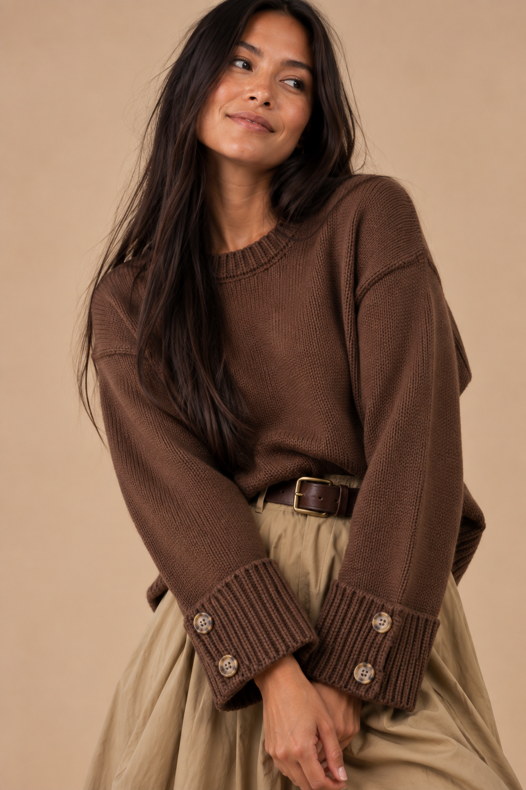 Laura Button Cuff Cotton Blend Crew Neck Sweater