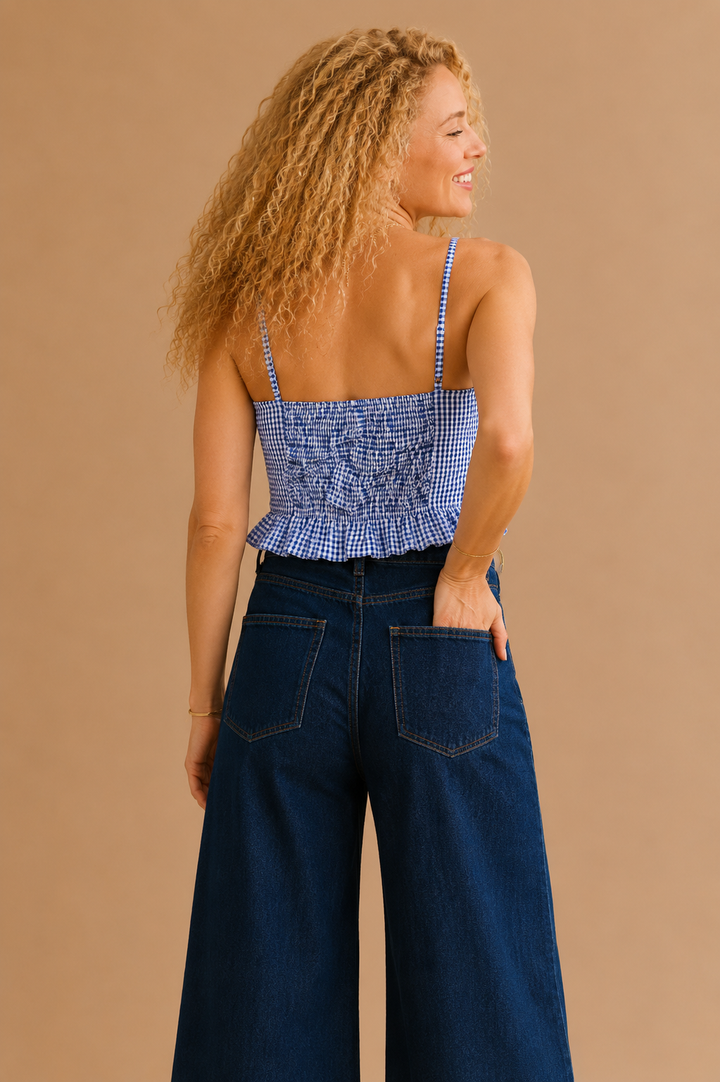 Camille Gingham Ruffle Hem Bow Front Tank Top