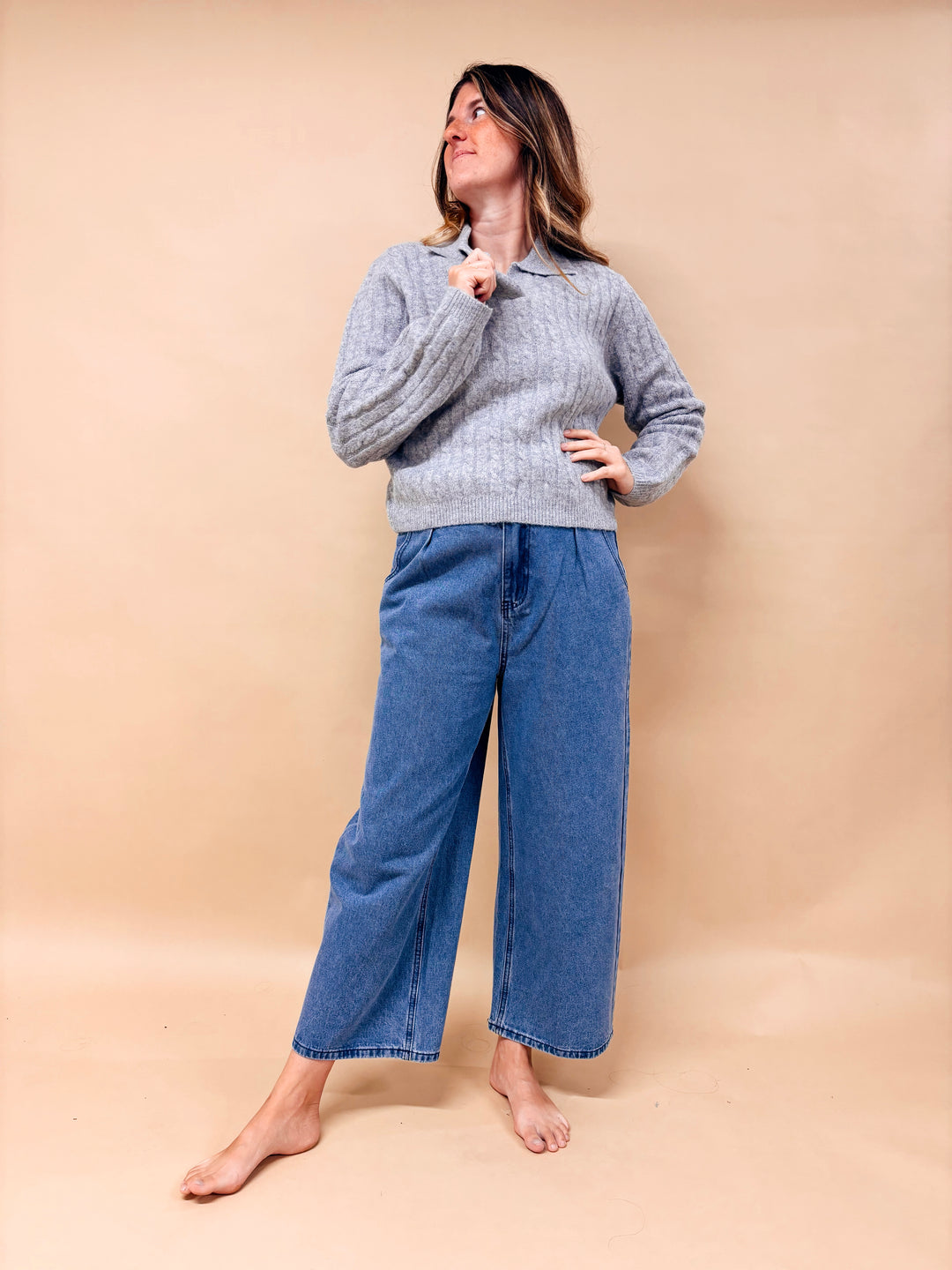 Ella Cable Knit Collared V-Neck Sweater