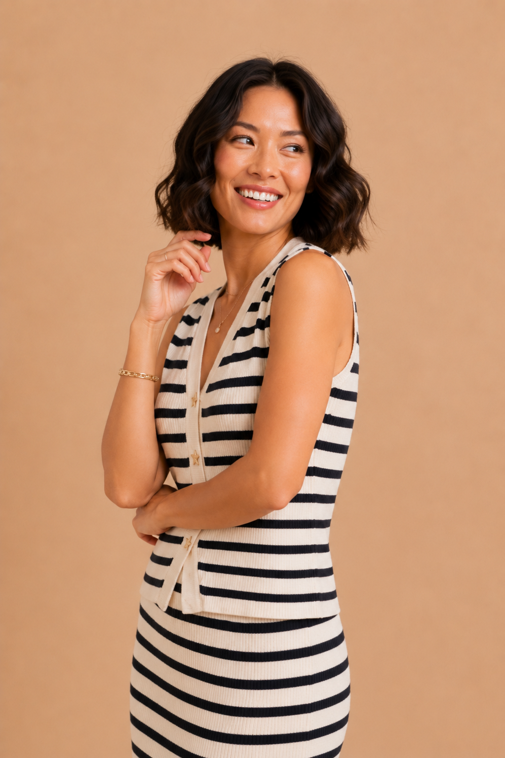 Marisol Coastal Starfish Button Striped Knit Vest