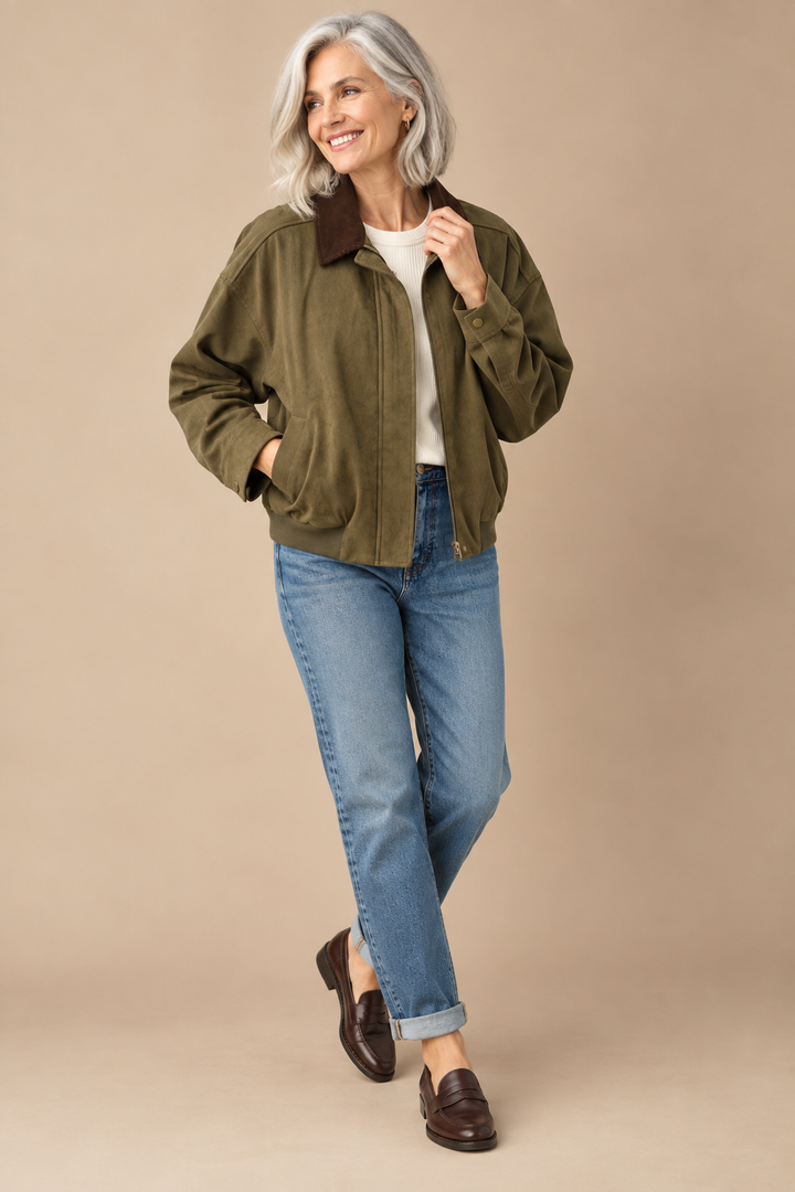 Farrah Faux Suede Corduroy Collared Bomber Jacket