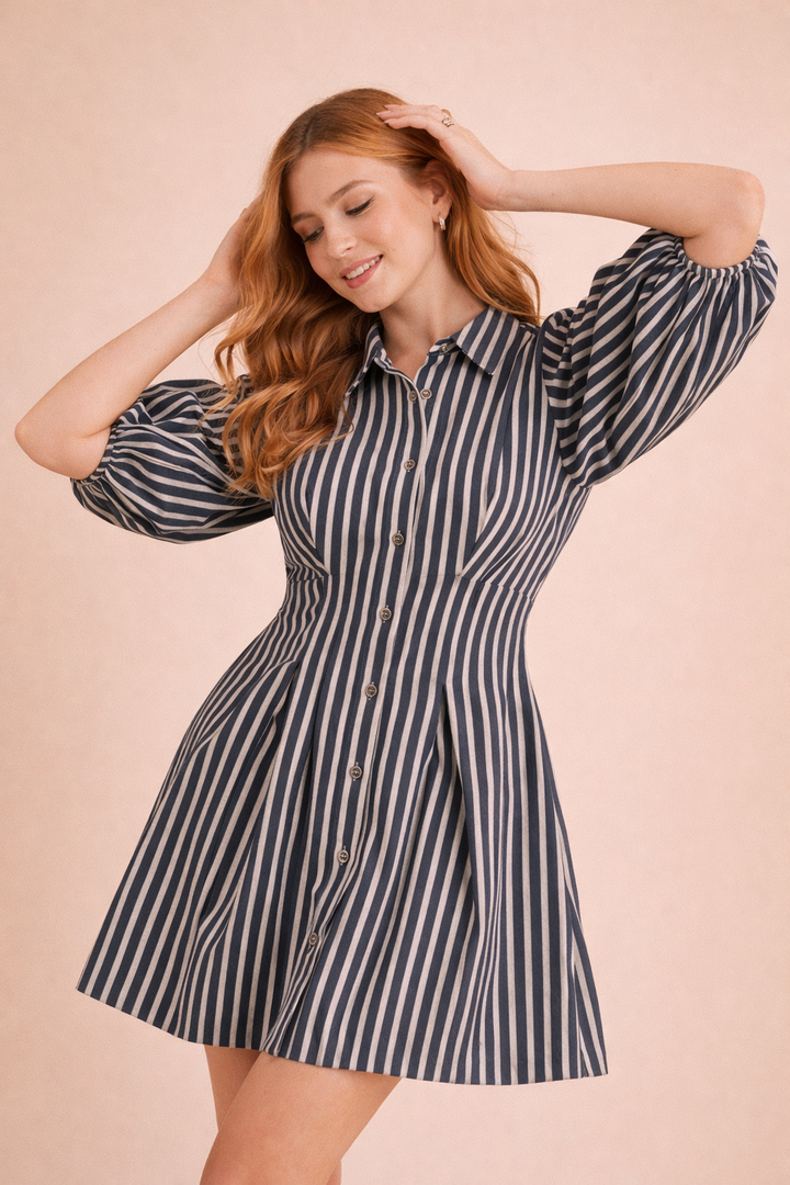 Piper Striped Denim Bubble Sleeve Mini Dress