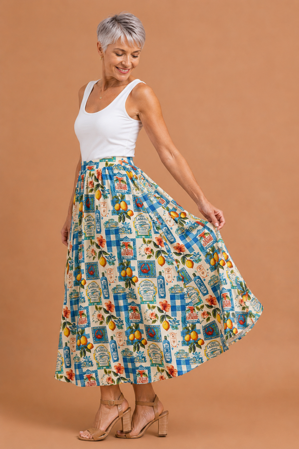 Zinnia Vintage Print A-Line Midi Skirt