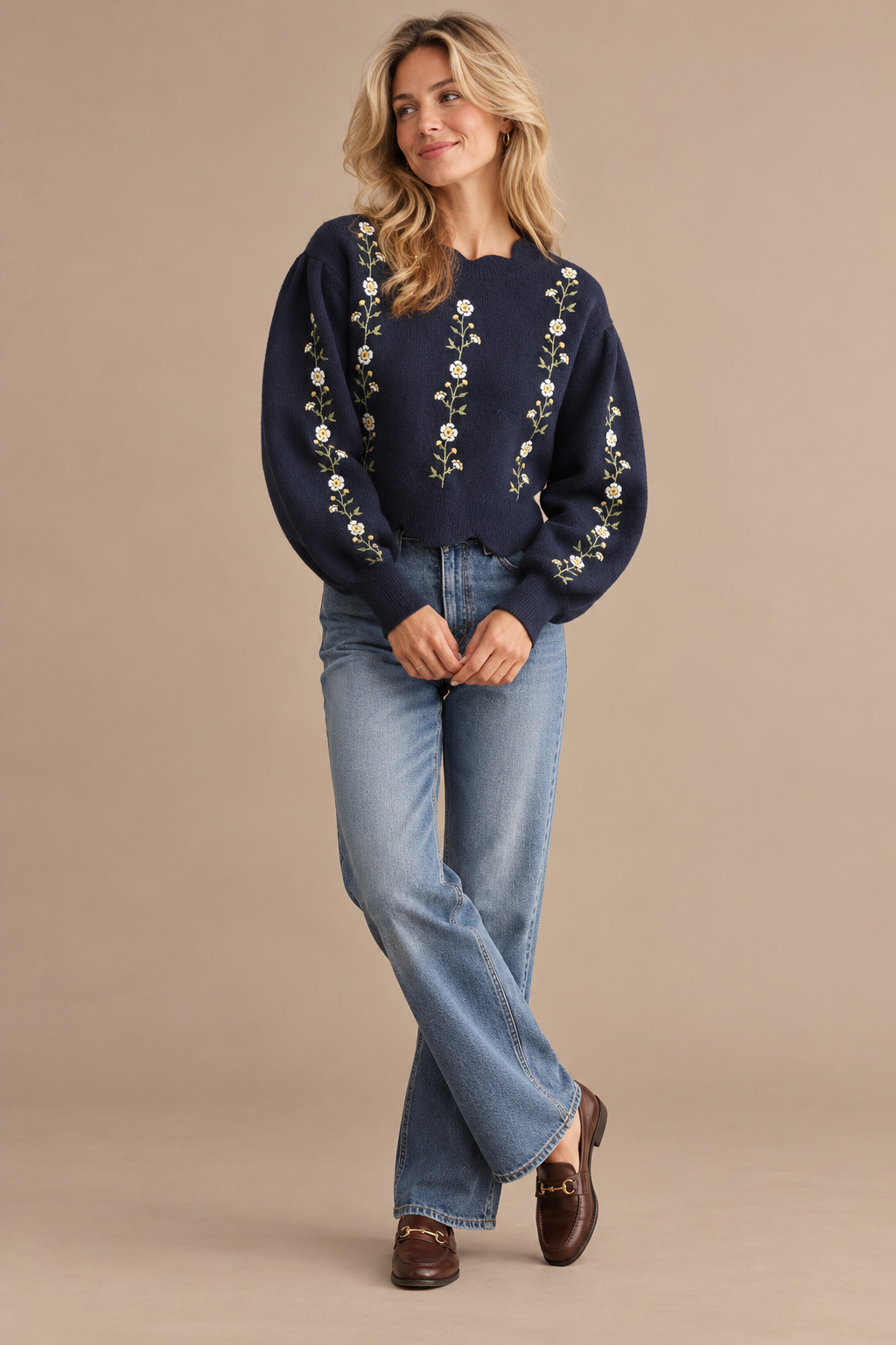Bailee Floral Embroidered Scallop Hem Sweater