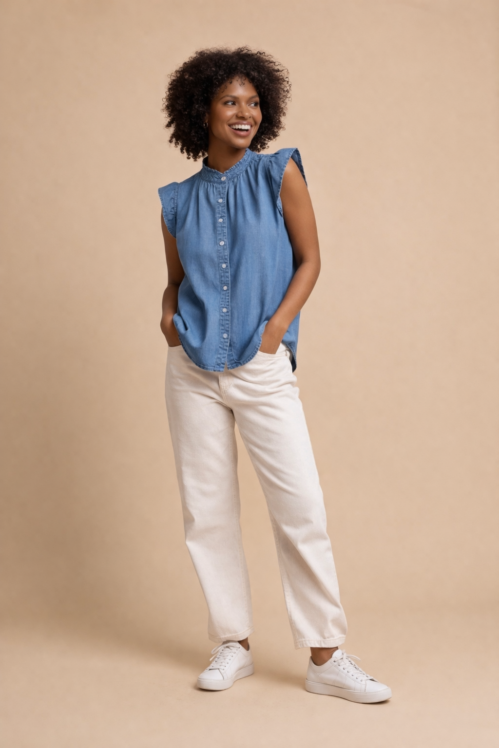 Skylar Denim Ruffle Sleeve Button-Up Blouse