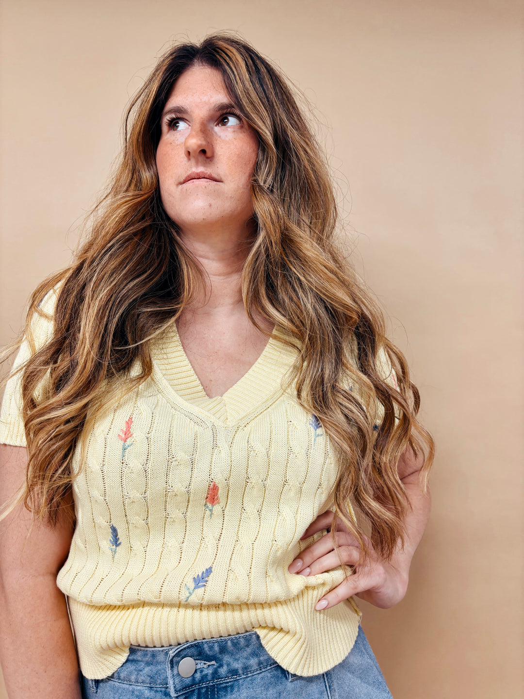 Marielle Floral Embroidered V-Neck Cable Knit Sweater