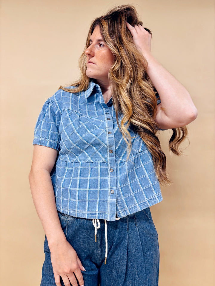 Casey Checkered Denim Button Down Top