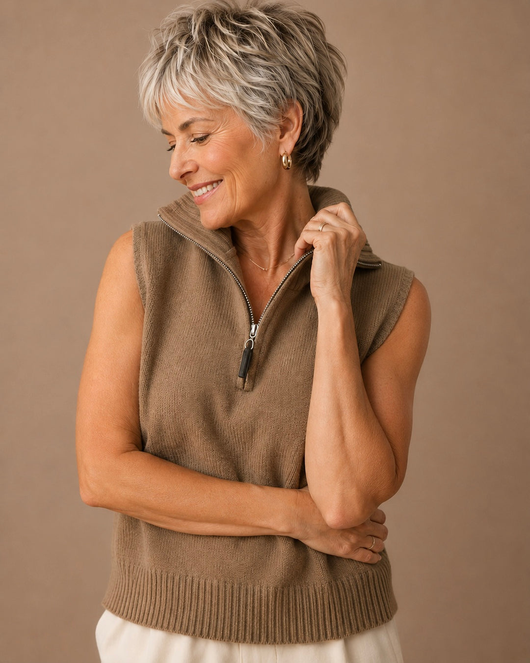 Josephine Sleeveless Knit Half Zip-Up Convertible High Neck Vest Top