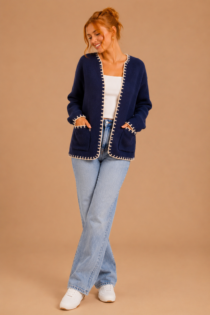 Penelope Contrast Whipstitch Knit Cardigan