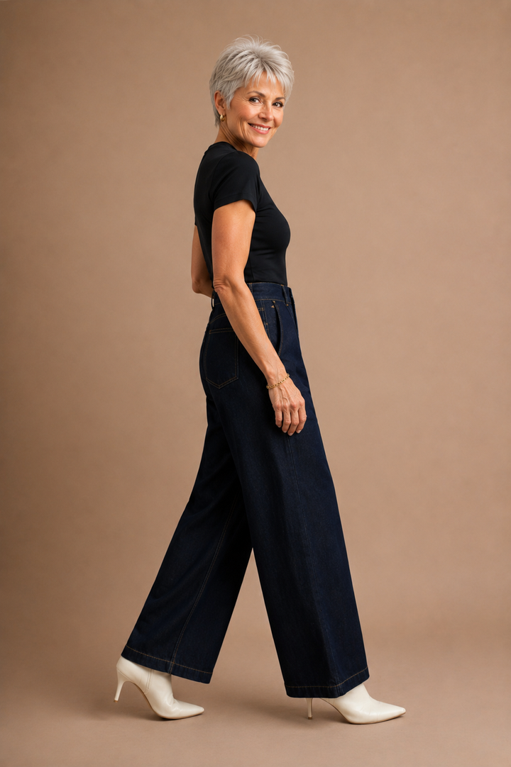 Penelope High-Waisted Wide Leg Front Pleated Denim Jean Pants