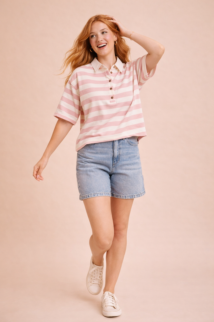 Sage Striped Crop Rugby Polo