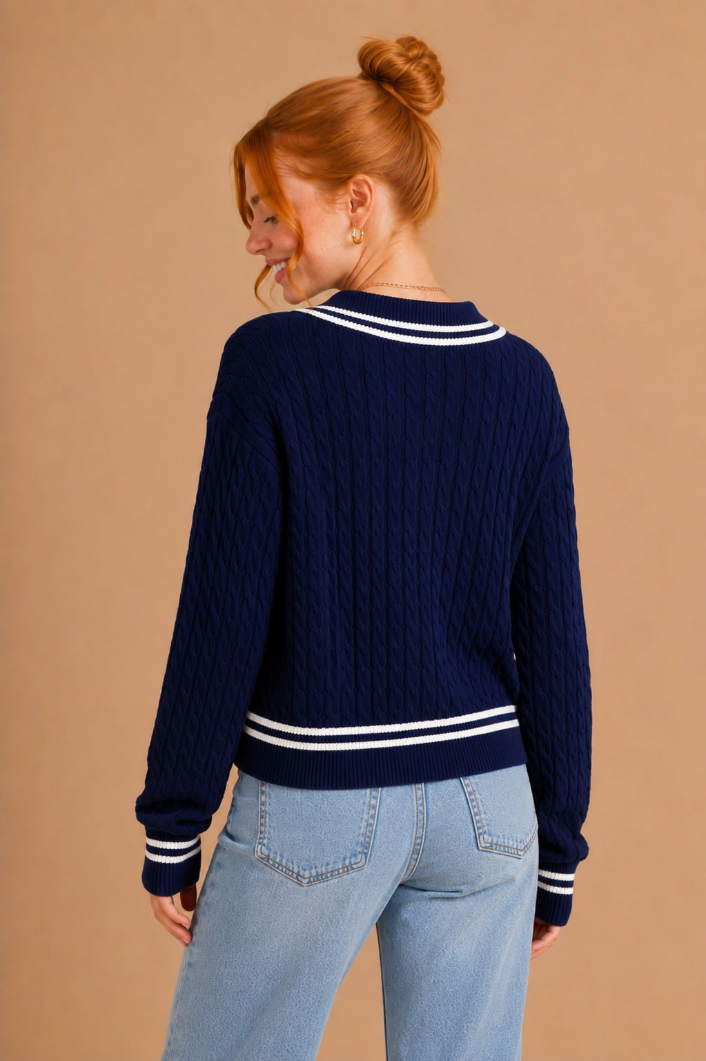Alicia Coastal Cable Knit Collared V-Neck Sweater