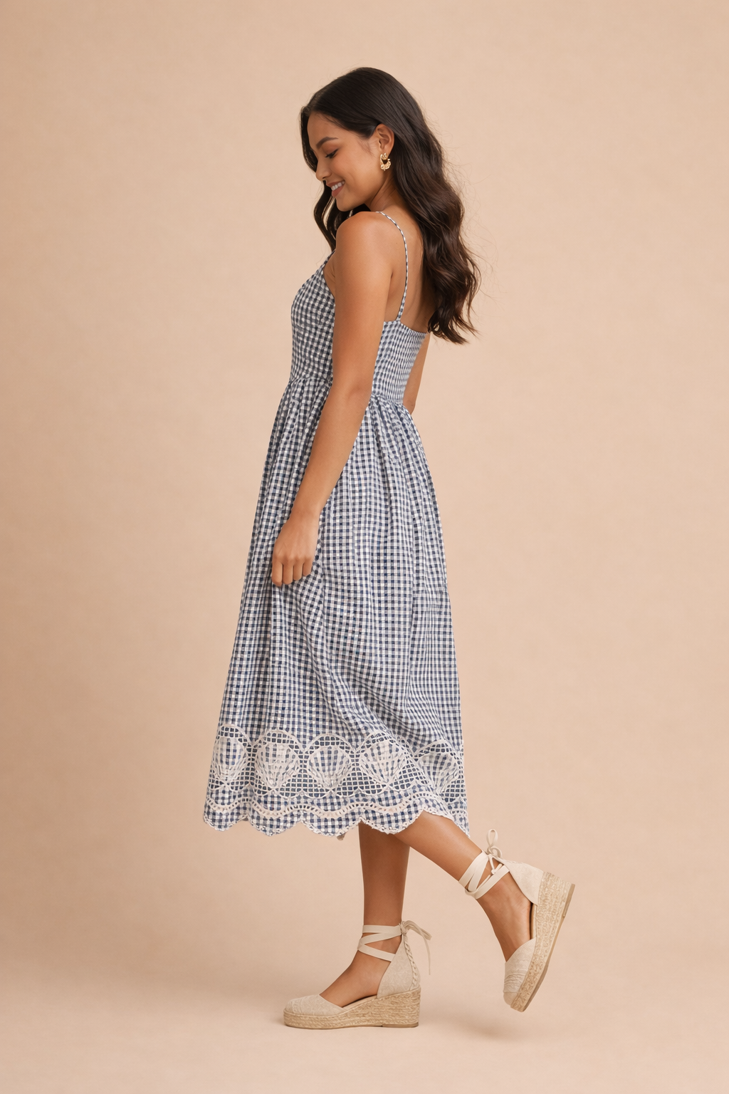Josephine Embroidered Scallop Hem Gingham Midi Dress