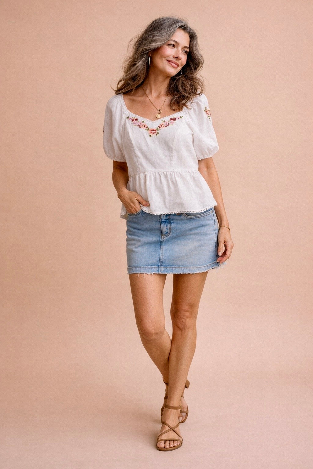 Vera Floral Embroidered Sweetheart Neck Top