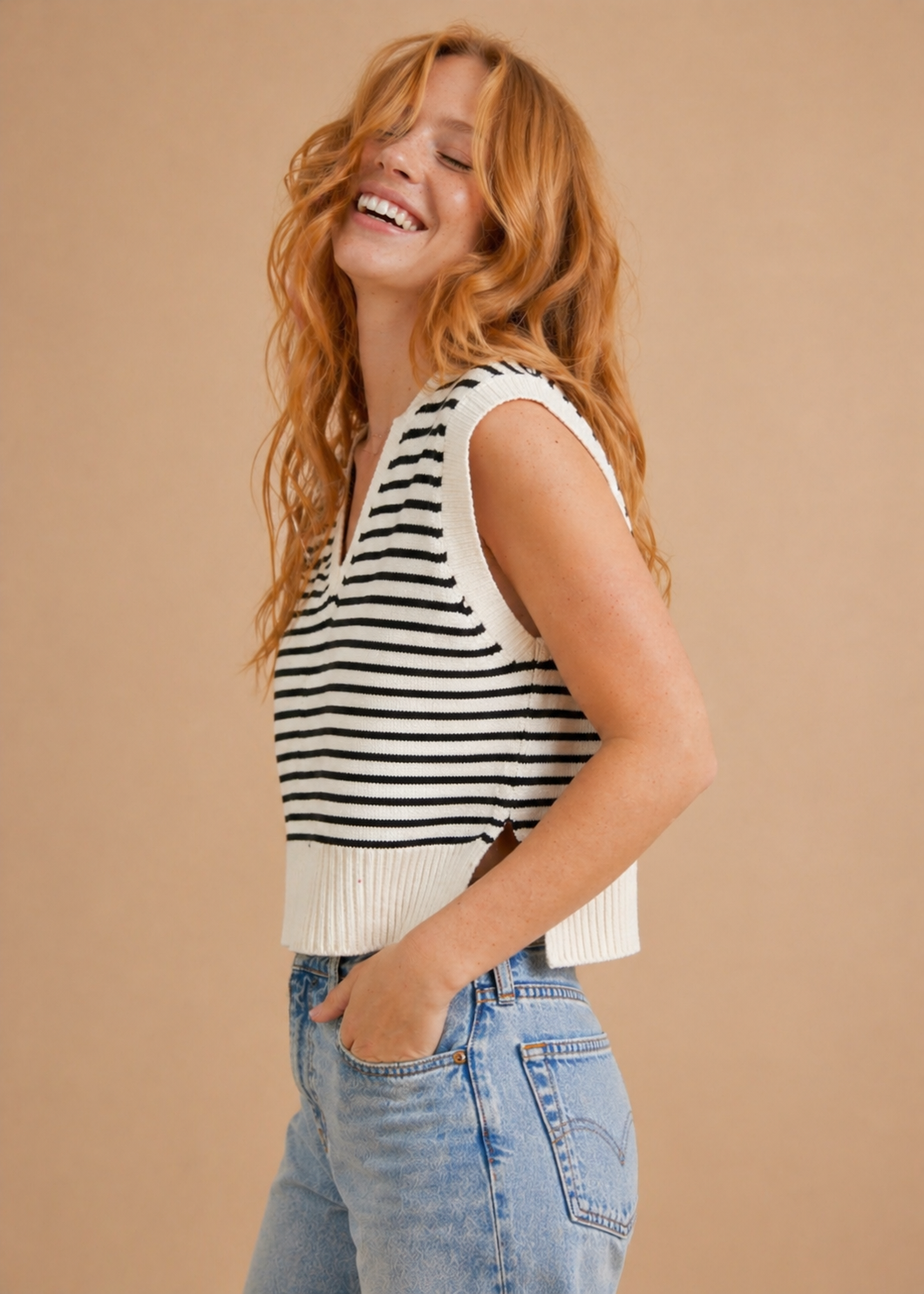 Maya V-Neck Stripped Collar Knit Top
