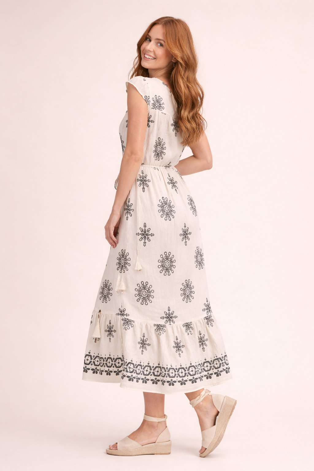 Ava Belted Border Print Flutter Sleeve Midi Dress