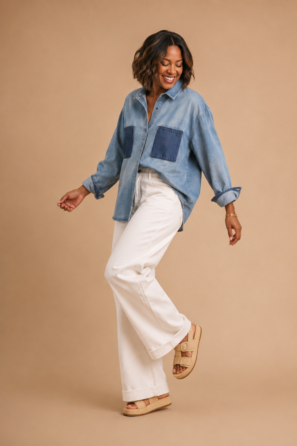 Felicity Colorblocked Wash Denim Button Up Top