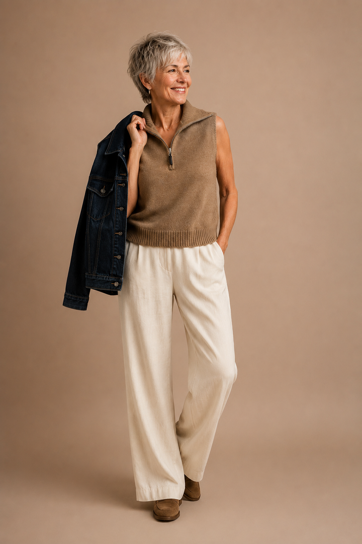 Josephine Sleeveless Knit Half Zip-Up Convertible High Neck Vest Top