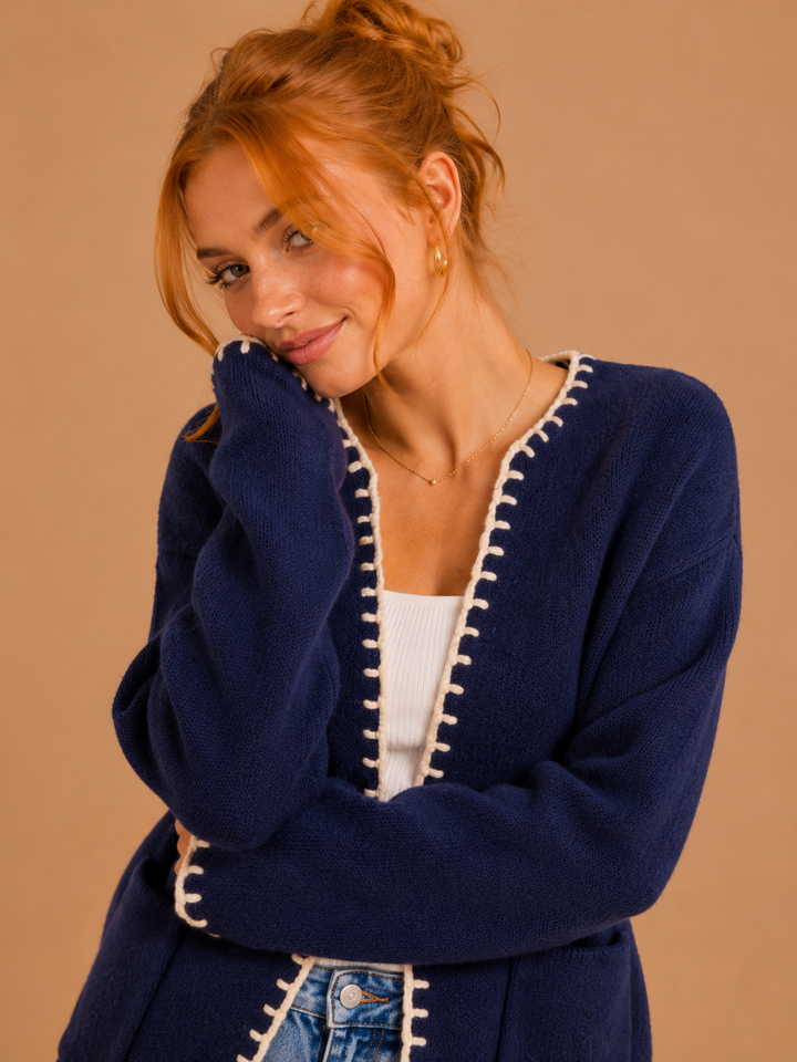 Penelope Contrast Whipstitch Knit Cardigan