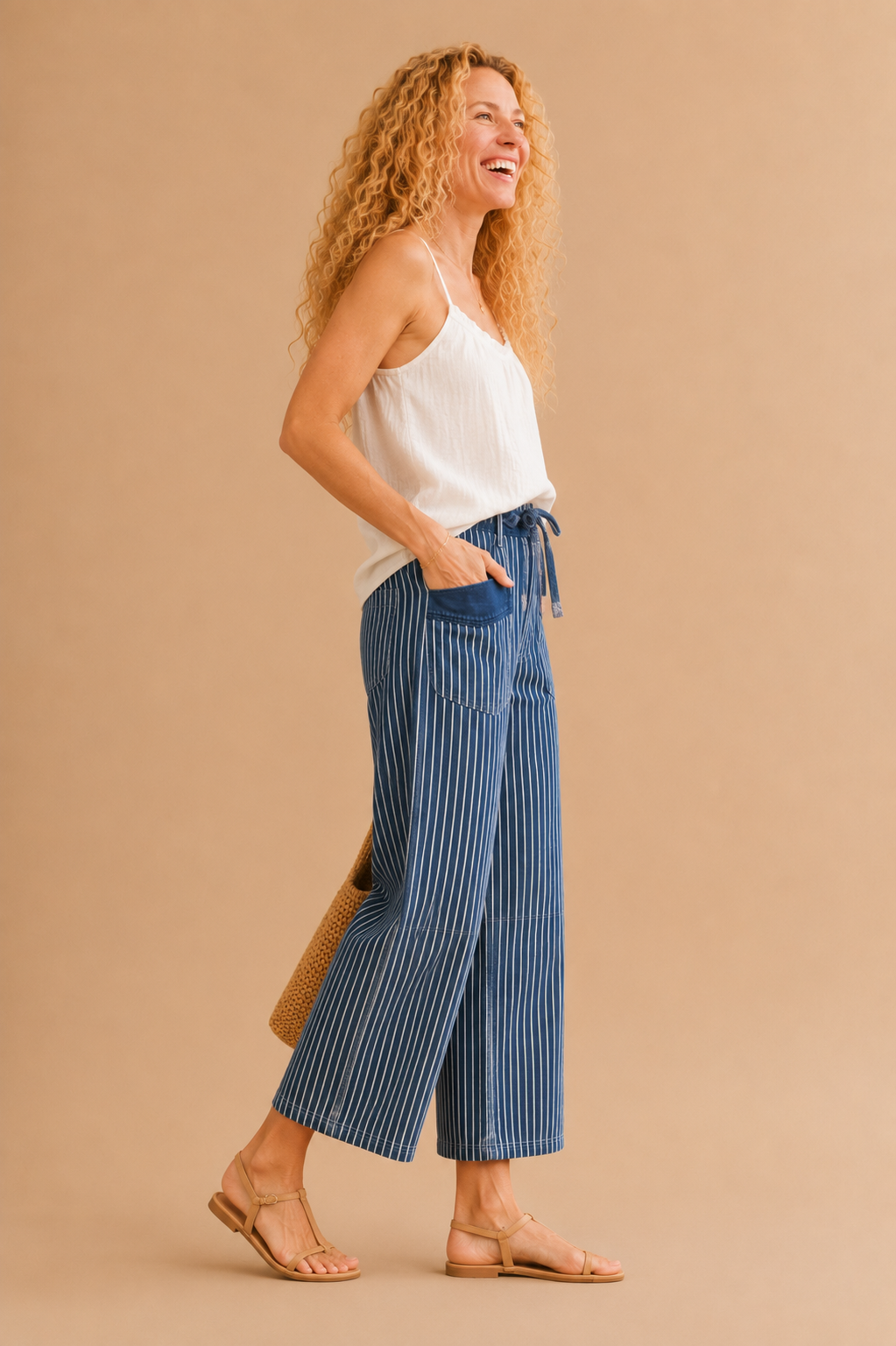 Maeve Drawstring Waist Stripe Denim Pants