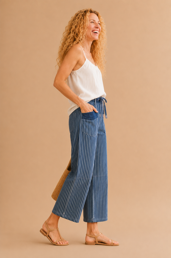 Maeve Drawstring Waist Stripe Denim Pants