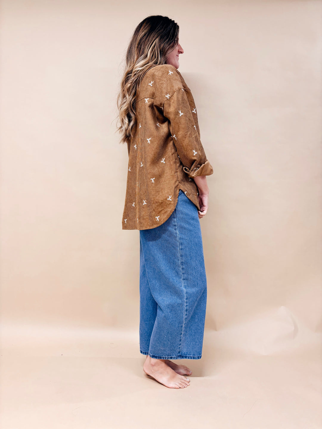 Lexi Bow Embroidered Corduroy Button Down Shirt